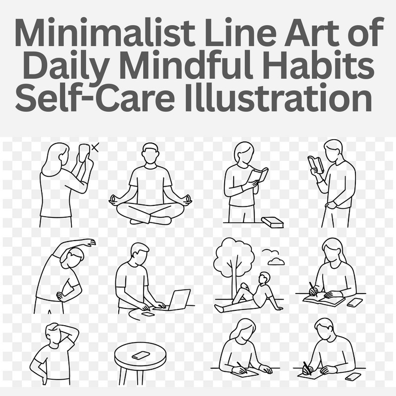 Minimalist Line Art of Daily Mindful Habits Wellness, Focus & Self-Care Illustration - Features Image 1