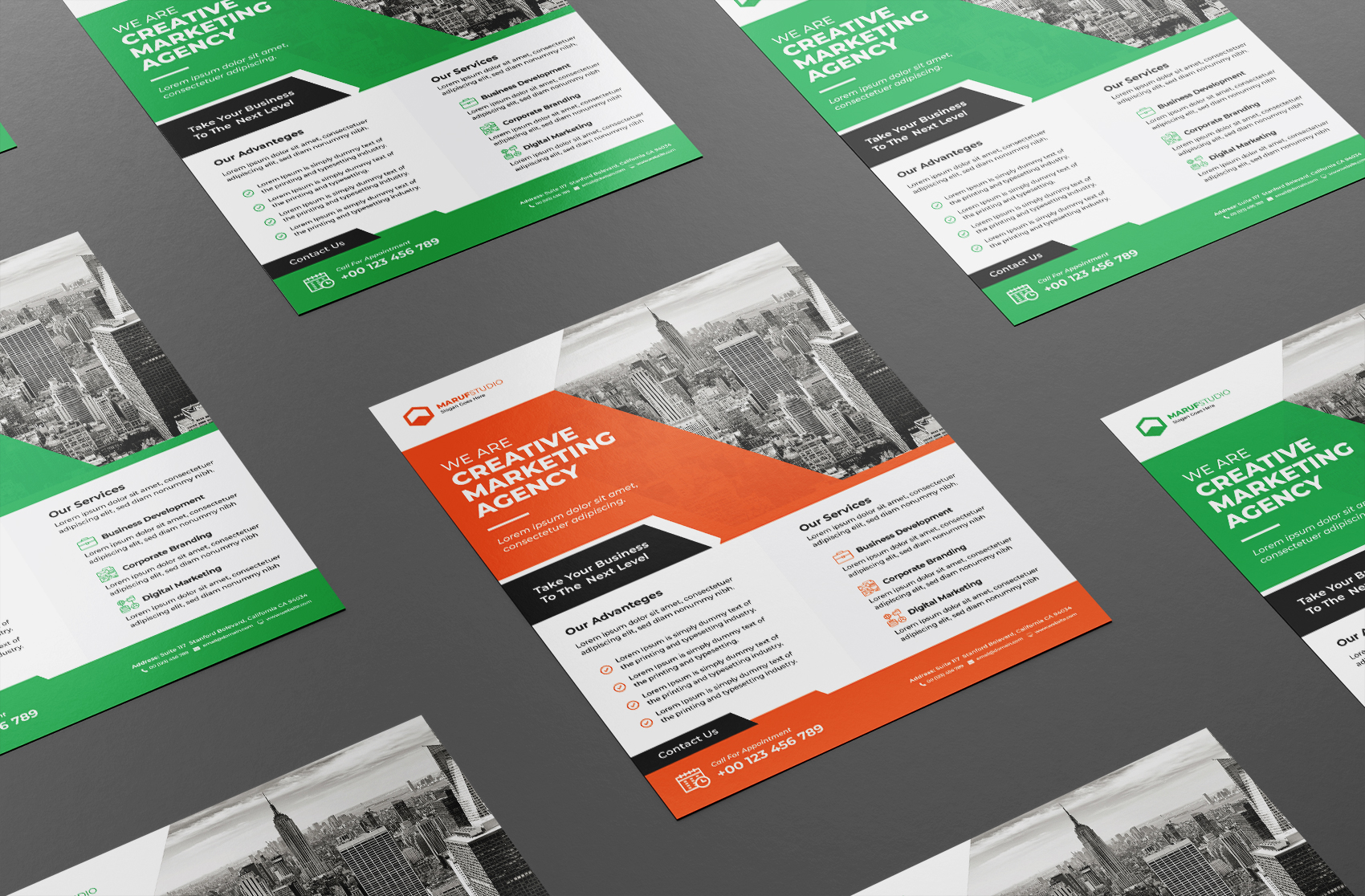 Download Фирменный стиль "Marketing agency flyer with abstract design - Corporate Identity Template" / Marketing agency flyer with abstract design - Corporate Identity Template - Фирменный стиль на тему графика ads,advert,advertisement,agency,flyer,business,poster,corporate,marketing,red,green,orange,bundle,abstract,template