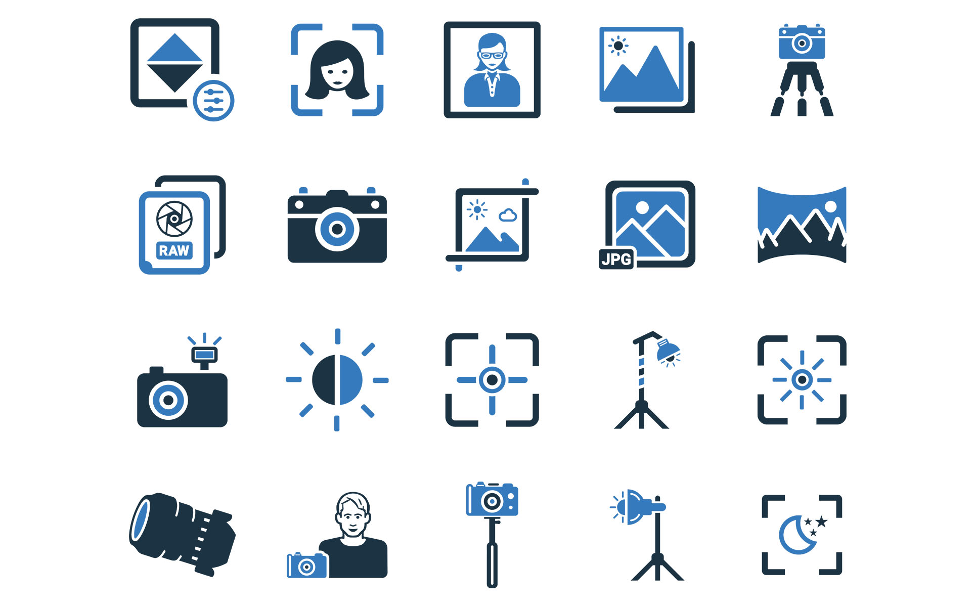 Download Набор иконок "20 Photography | Multipurpose Modern Icon Set" / 20 Photography | Multipurpose Modern Icon Set - Набор иконок на тему графика photography,photographer,camera,lighting,flash,brightness,color,detection,lens,portrait,image,raw,panorama,focus,crop,tripod,selfie,might,mode,contrast