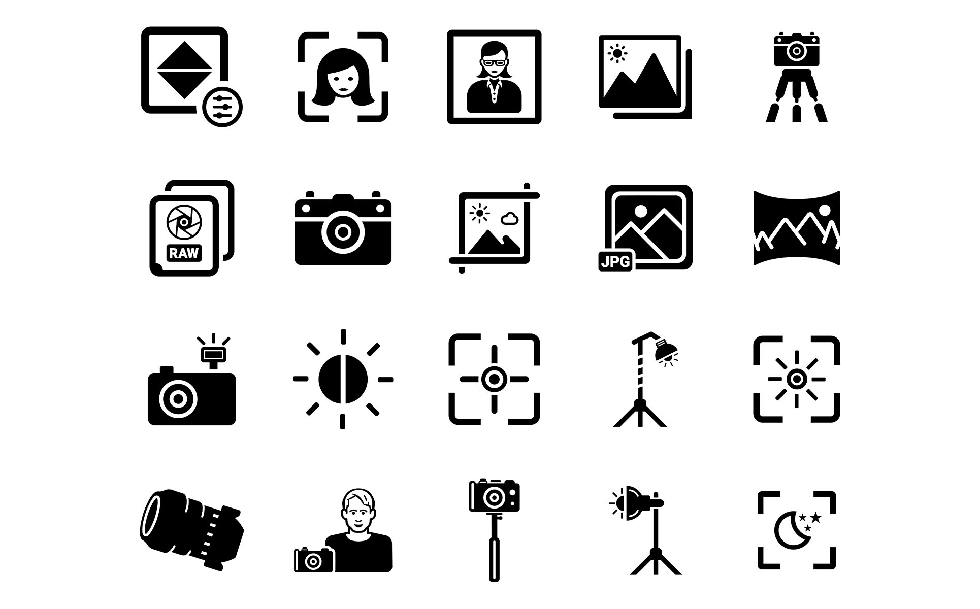 Download Набор иконок "20 Photography | Multipurpose Modern Icon Set" / 20 Photography | Multipurpose Modern Icon Set - Набор иконок на тему графика photography,photographer,camera,lighting,flash,brightness,color,detection,lens,portrait,image,raw,panorama,focus,crop,tripod,selfie,might,mode,contrast
