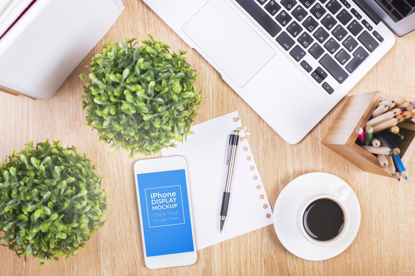 Download Мокап для продукта "iPhone / Smartphone Desktop Workspace product mockup" / iPhone / Smartphone Desktop Workspace product mockup - Мокап для продукта на тему графика app,app mockup,apple,application,desktop,display,iphone,macbook,mobile,mockup,notebook,screen,showcase,smartphone,table,ui kit,work,workplace,workspace,workstation