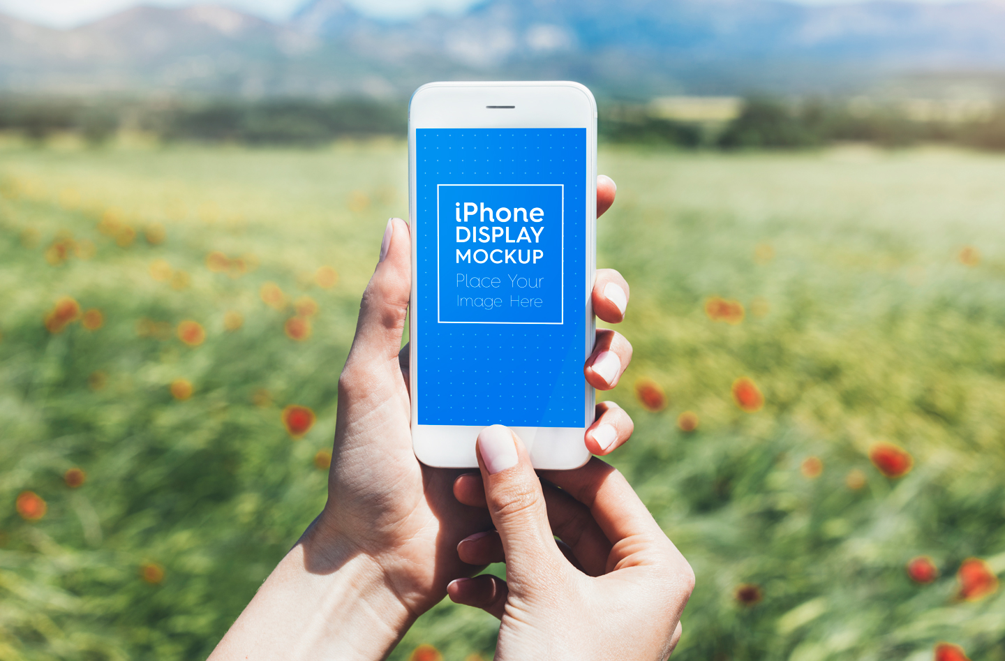 Download Мокап для продукта "iPhone / Phone / Smartphone Outdoor product mockup" / iPhone / Phone / Smartphone Outdoor product mockup - Мокап для продукта на тему графика app,app mockup,apple,application,beyond,display,field,grass,in hand,iphone,mobile,mockup,nature,outdoor,outside,outward,phone,poppy,screen,sea