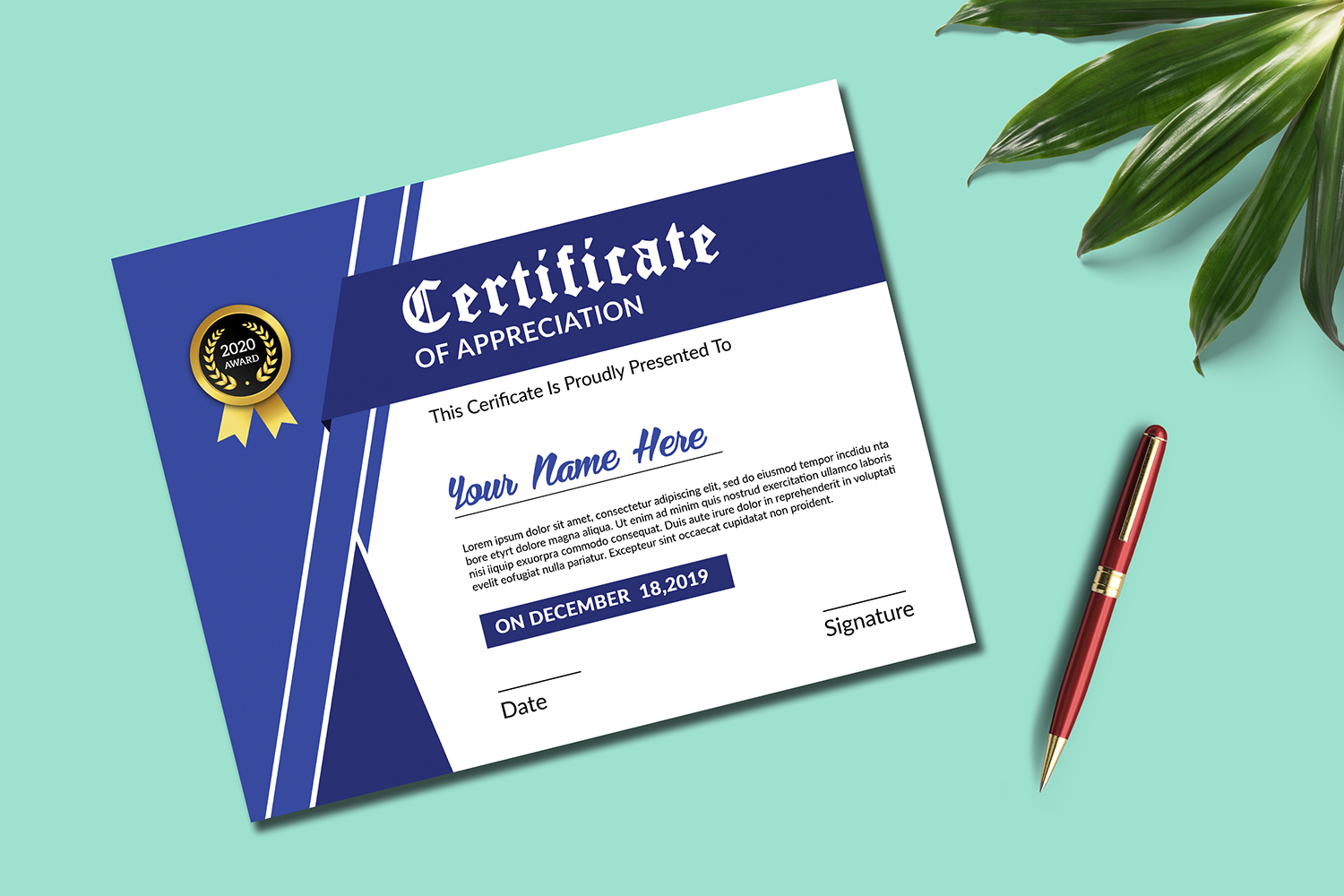 Download Шаблон сертификата "Appreciation Certificate Template" / Appreciation Certificate Template - Шаблон сертификата на тему графика certificate,appreciation,achievement,academic,printable,sale,photoshop,template,word,recognition,multipurpose,letter,clean,minimal,professional,blue