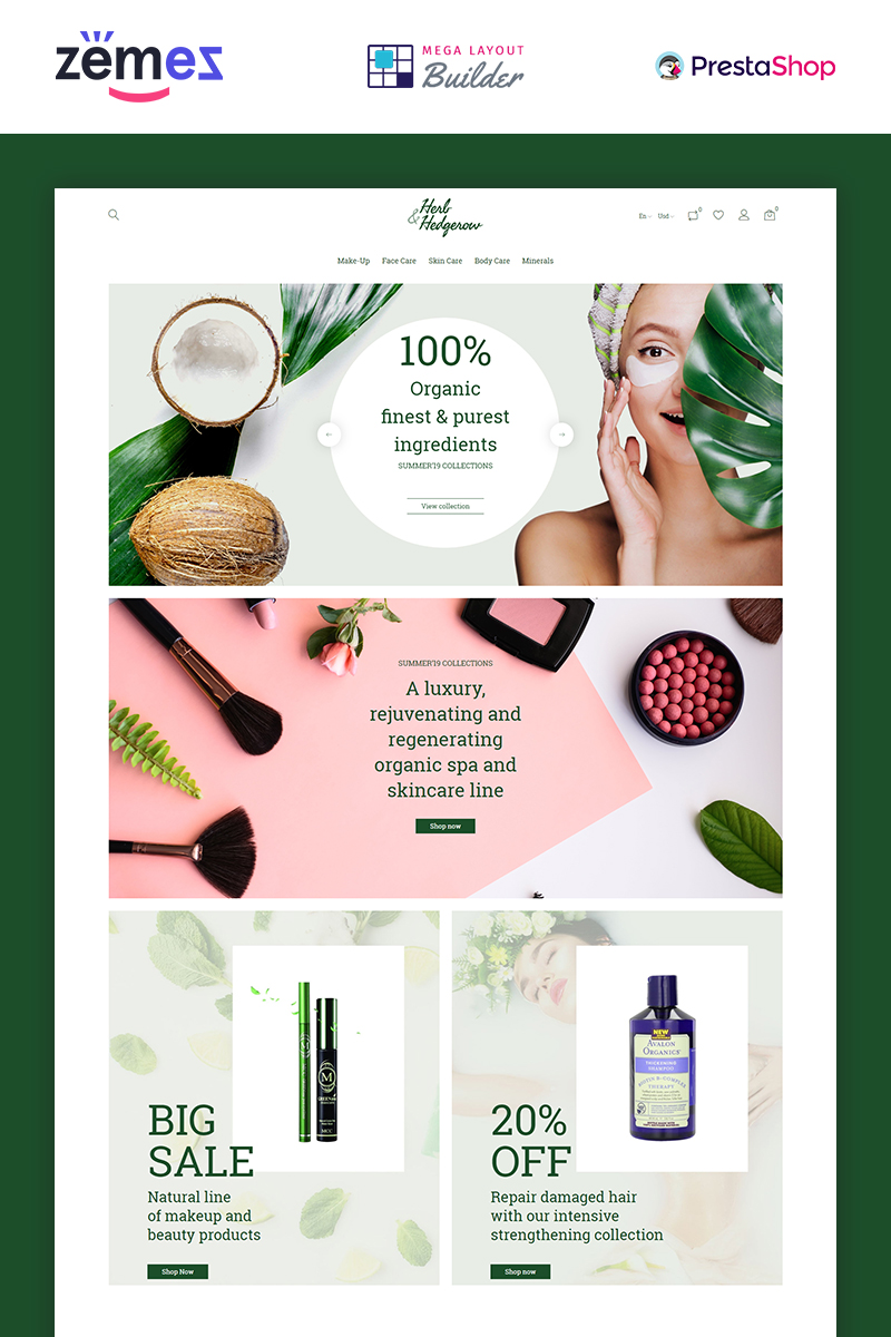 Herb and Hedgerow - Organic Cosmetics Store Bootstrap Clean Ecommerce PrestaShop Theme Herb & Hedgerow - Organic Cosmetics PrestaShop Theme