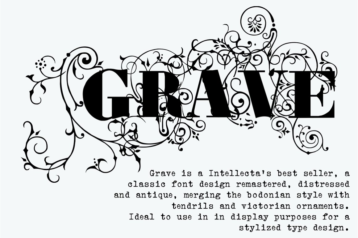Download Шрифт "Grave Ornamental Font" / Grave Ornamental Font - Шрифт на тему графика 1700s,all caps,bodonistyle,decorative,capitals,didone,flourished,formal elegant,initials,modern,organic,ornamental,ornate,tendrils,victorian poster,wedding,invitation
