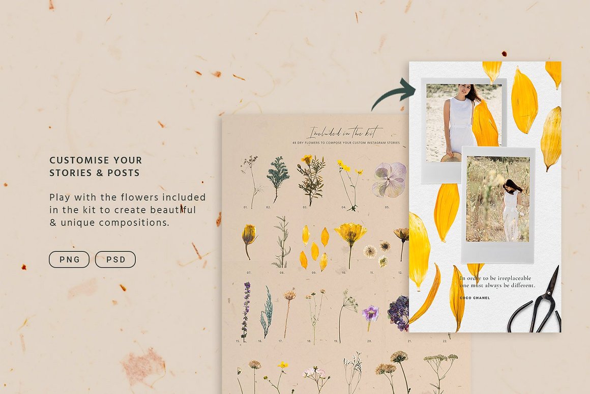 Download Шаблон для соцсетей "Flower Sketchbook Stories Kit Social Media Template" / Flower Sketchbook Stories Kit Social Media Template - Шаблон для соцсетей на тему графика flowers,kit,vintage,book,folder,paper,dry,flower,sketchbook,ripped,torn,decoration,fine_art,paper_mockup,mockup,instagram,stories,petals,influencer
