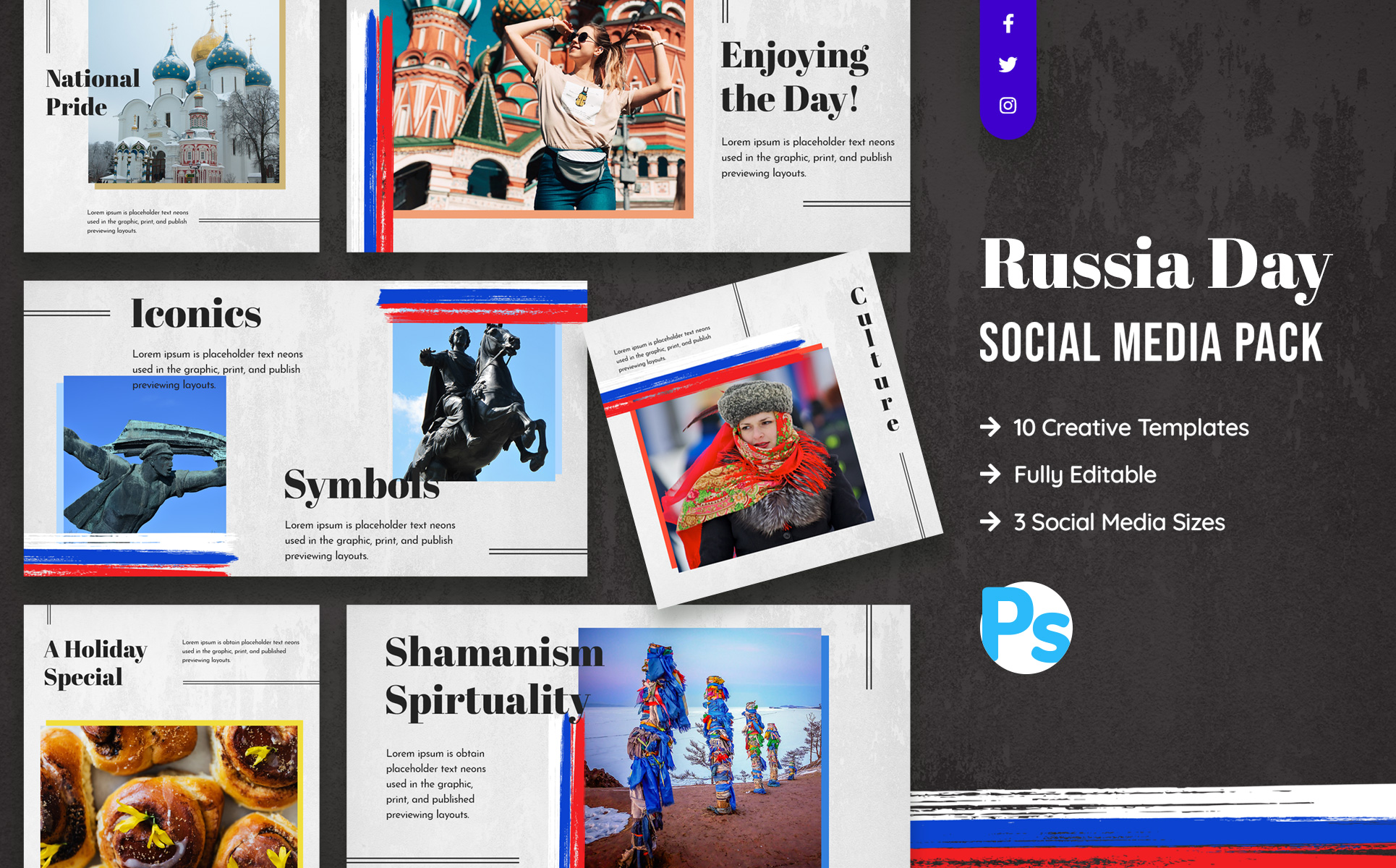 Download Шаблон для соцсетей "Russia Day Social Media Template" / Russia Day Social Media Template - Шаблон для соцсетей на тему графика russia,day,social,media,template,creative,modern,national,holiday,russian,federation,facebook,twitter,instagram,post