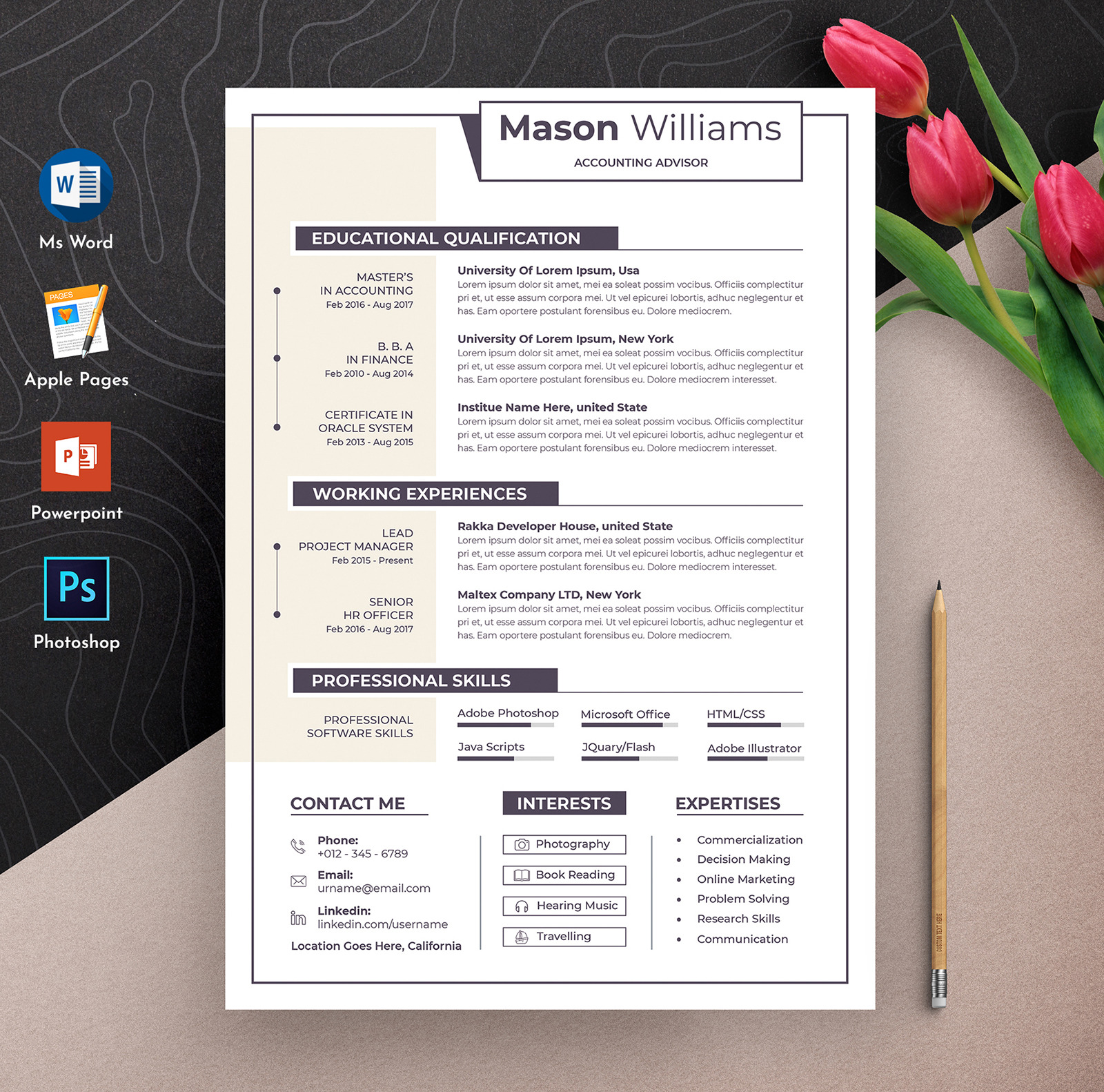 Professional & Clean Editable Ms Word Apple Pages Cv Resume Template