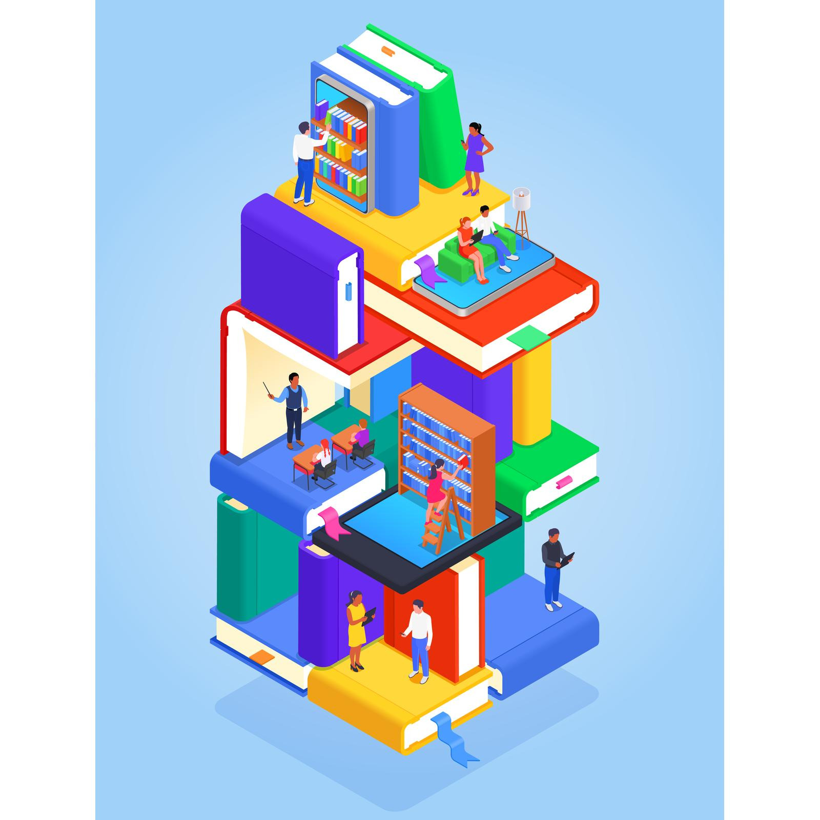 Digital Online Library Isometric-01 Vector Illustration Concept