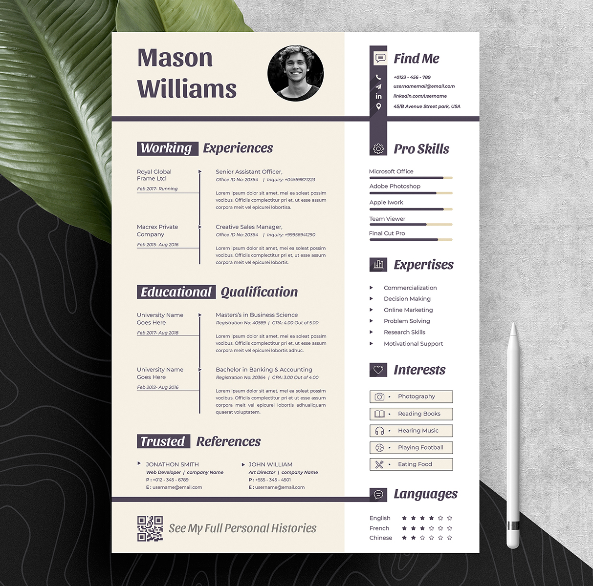 Download Резюме "Mason Clean &amp; Professional Editable Word Apple Pages Cv Resume Template" / Mason Clean &amp; Professional Editable Word Apple Pages Cv Resume Template - Резюме на тему графика resume template,cv design,creative,ms word,clean cv,word resume,apple pages,curriculum vitae,biodata,cover letter,job application,modern,professional,infographic,powerpoint template,docx,simp