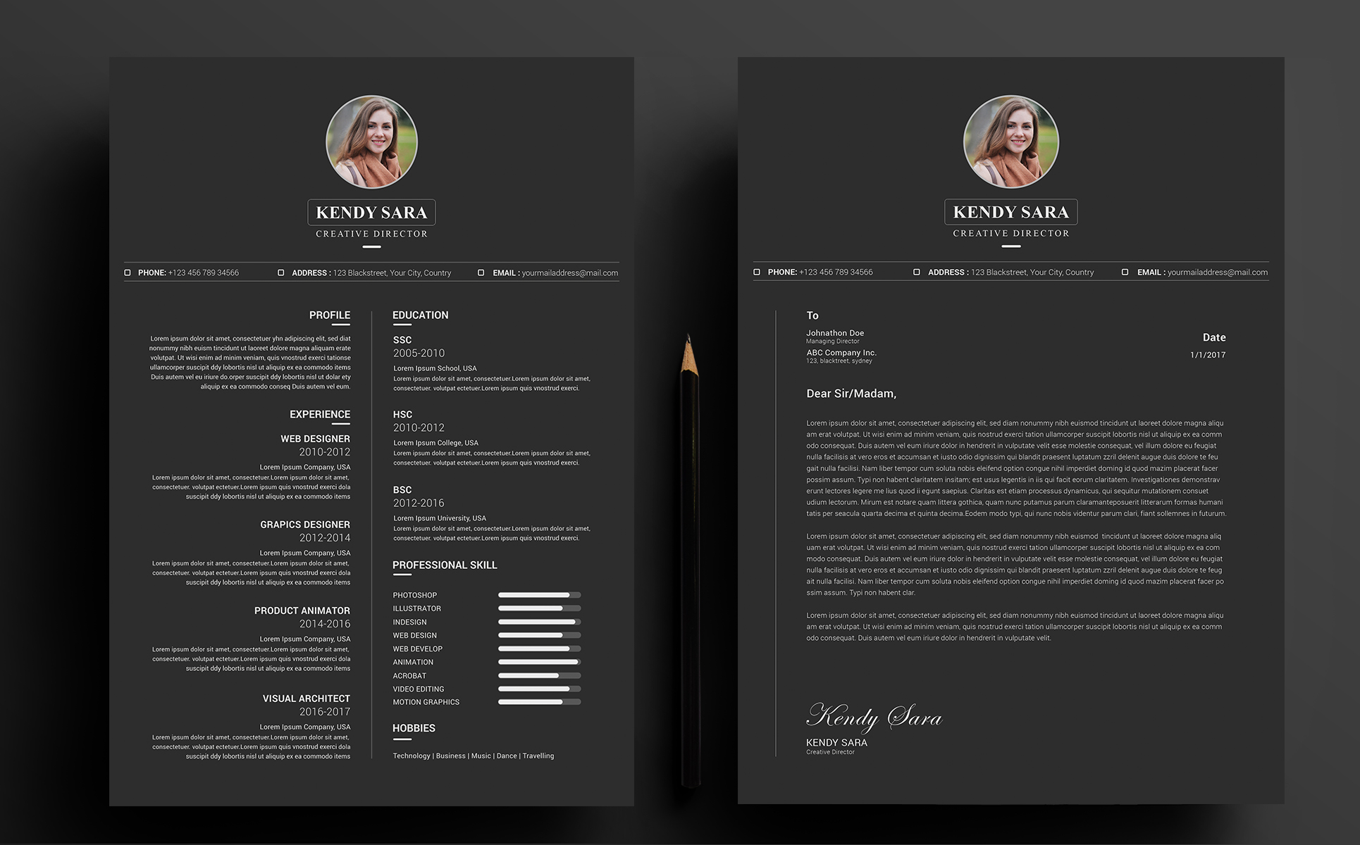 Download Резюме "Kendy Sara Resume Template" / Kendy Sara Resume Template - Резюме на тему графика a4,black,resume,career,clean,cv,cover,letter,creative,curriculum,vitae,design,template,editable,elegant,job,light,minimal,psd,photoshop