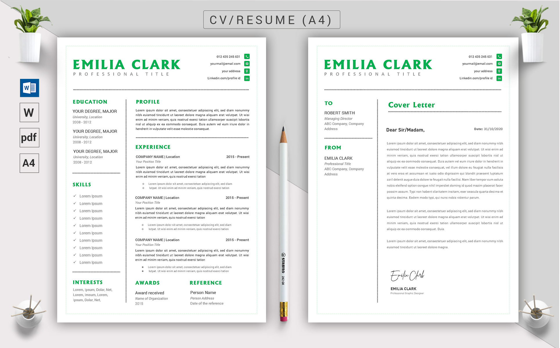 Download Резюме "Emilia Clark - CV &amp; Resume Template" / Emilia Clark - CV &amp; Resume Template - Резюме на тему графика a4,black resume,bright,clean,cv,cover letter,creative,curriculum vitae,design,template,docx,editable,elegant,job,light,minimal,word,modern,new,yellow