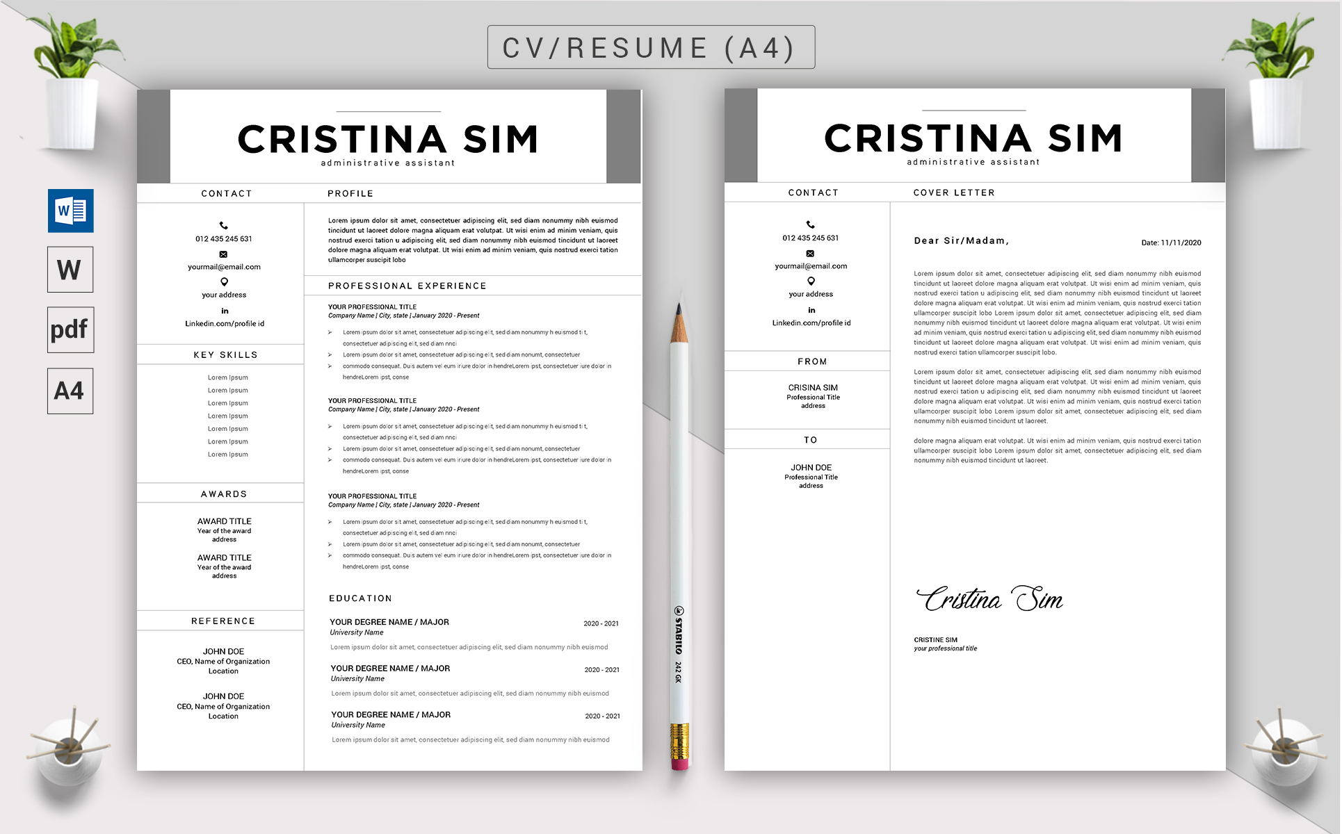 Download Резюме "Cristina Sim - CV &amp; Resume Template" / Cristina Sim - CV &amp; Resume Template - Резюме на тему графика a4,black resume,bright,clean,cv,cover letter,creative,curriculum vitae,design,template,docx,editable,elegant,job,light,minimal,word,modern,new,resume