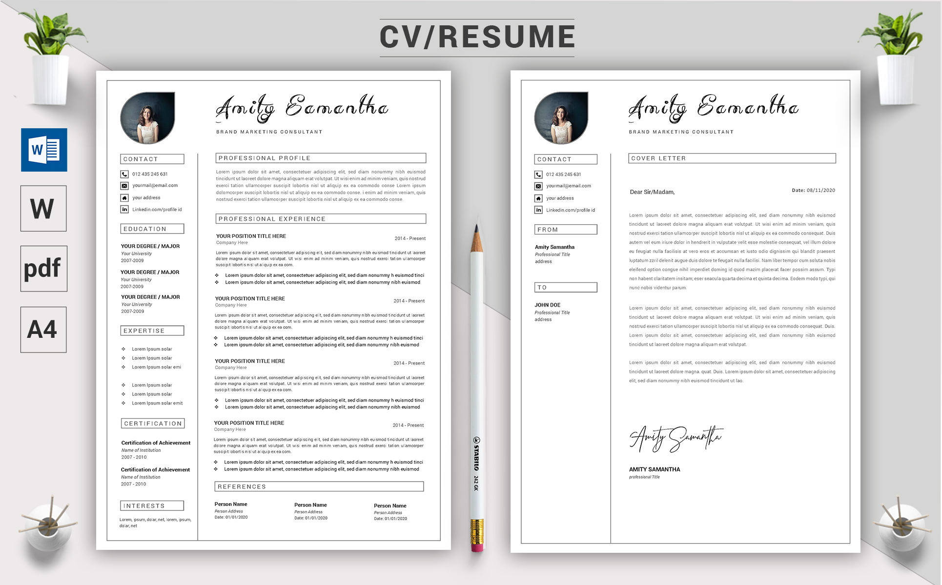 Download Резюме "Amity Samantha - CV Resume Template" / Amity Samantha - CV Resume Template - Резюме на тему графика a4,black resume,bright,clean,cv,cover letter,creative,curriculum vitae,design,template,docx,editable,elegant,job,light,minimal,word,modern,new,resume