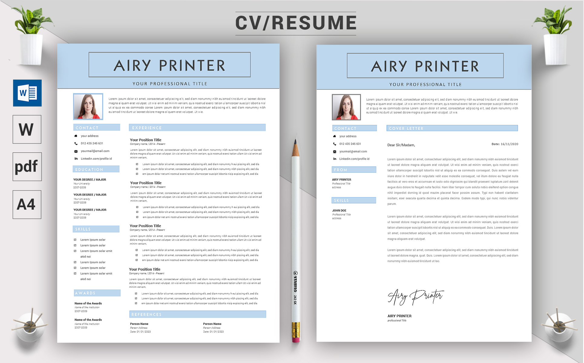 Download Резюме "Airy Printer - CV Resume Template" / Airy Printer - CV Resume Template - Резюме на тему графика a4,black resume,bright,clean,cv,cover letter,creative,curriculum vitae,design,template,docx,editable,elegant,job,light,minimal,word,modern,new,resume