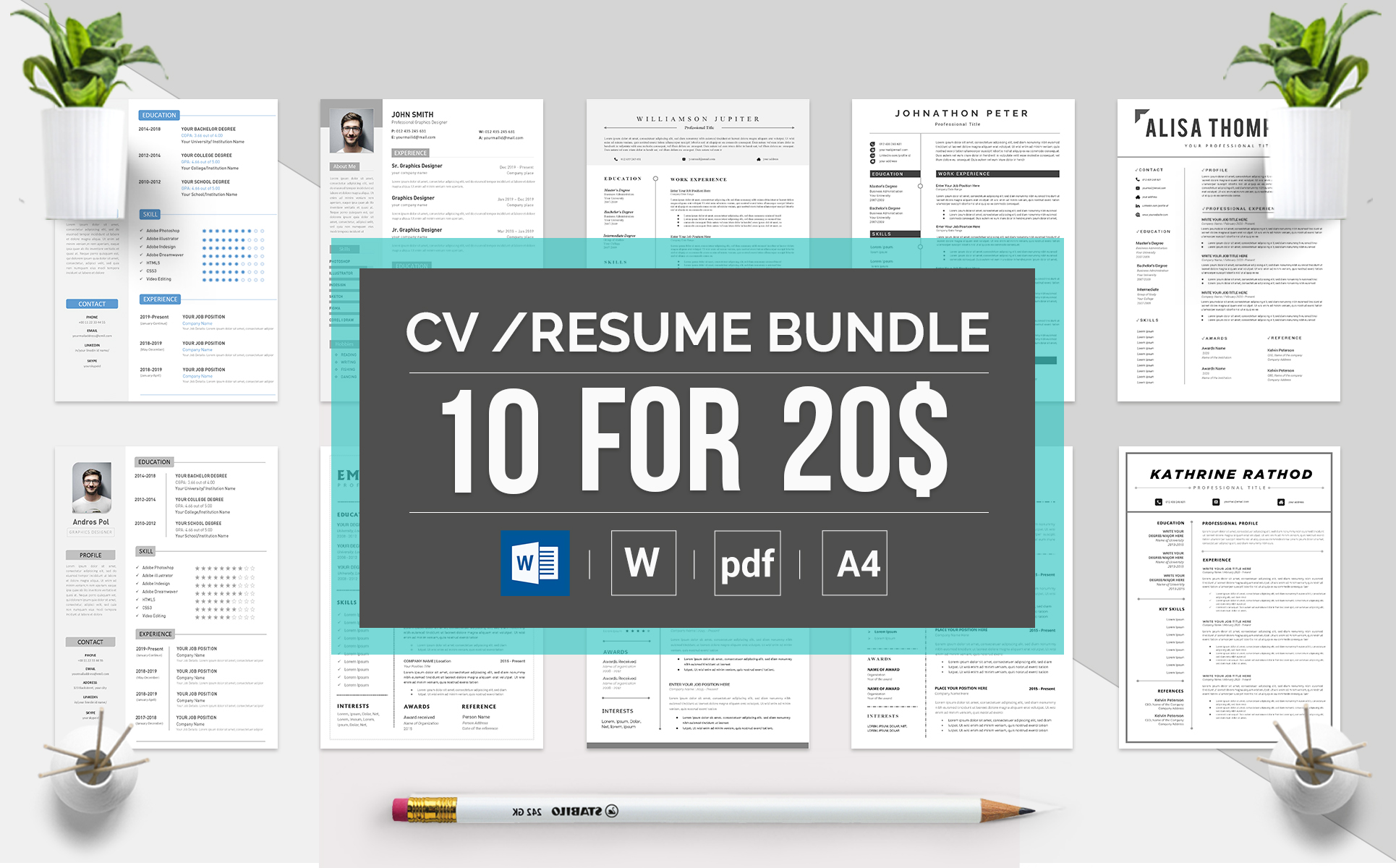 Download Резюме "Top Selling Bundle: 10 CV &amp; Resume Template" / Top Selling Bundle: 10 CV &amp; Resume Template - Резюме на тему графика a4,bright,clean,cv,cover letter,creative,curriculum vitae,design,template,docx,editable,elegant,job,light,minimal,word,modern,new,resume,bundle