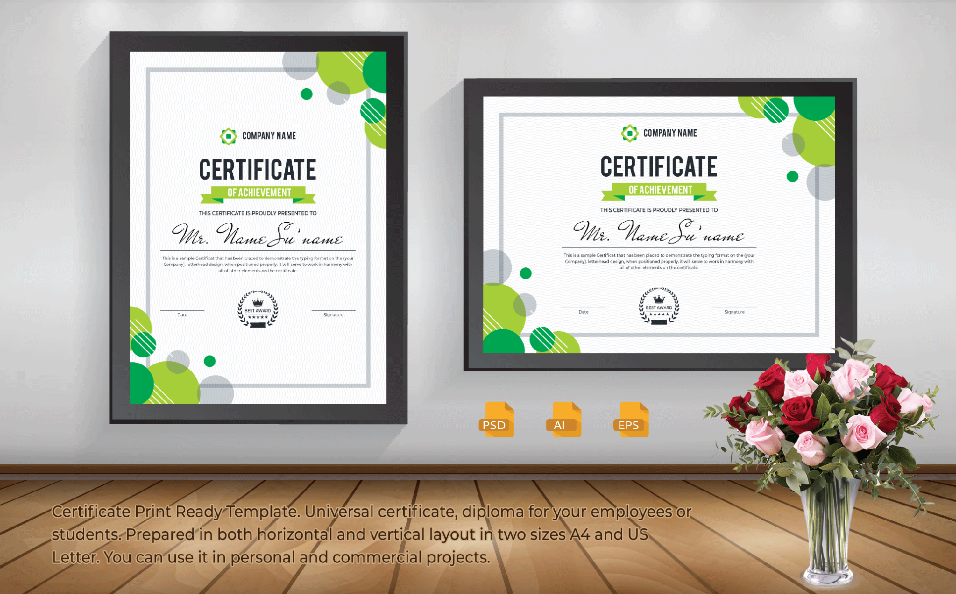 Download Шаблон сертификата "Print Certificate Template" / Print Certificate Template - Шаблон сертификата на тему графика certificate,corporate,decorative,diploma,green,modern,multicolor,ornaments,print,template,professional,certificate,print,ready,template.,universal,certificate,diploma
