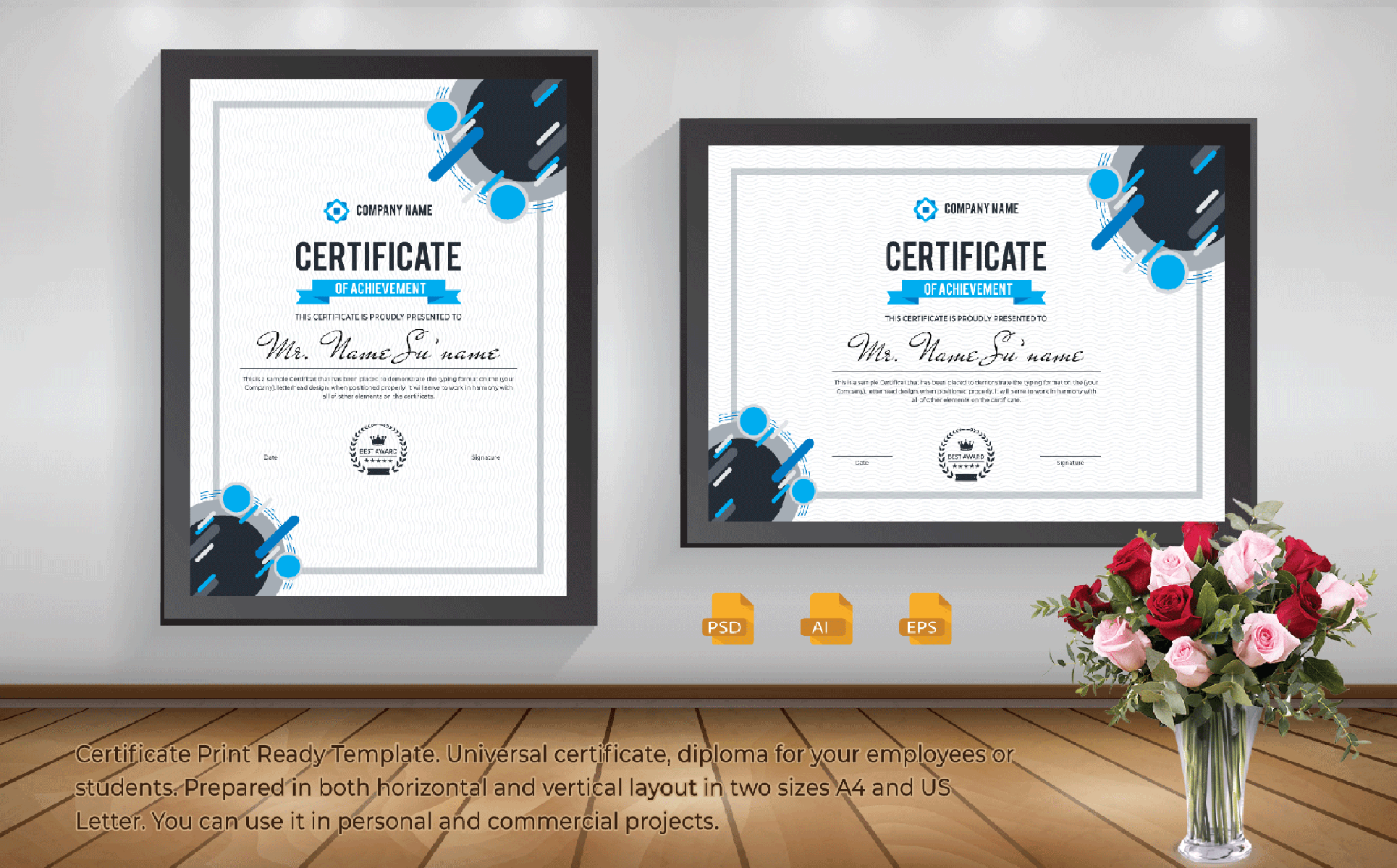 Download Шаблон сертификата "Print Certificate Template" / Print Certificate Template - Шаблон сертификата на тему графика blue,certificate,black,business,design,green,creative,graphic,landscape,letterhead,modern,official,print,professional,simple,standard,web,white