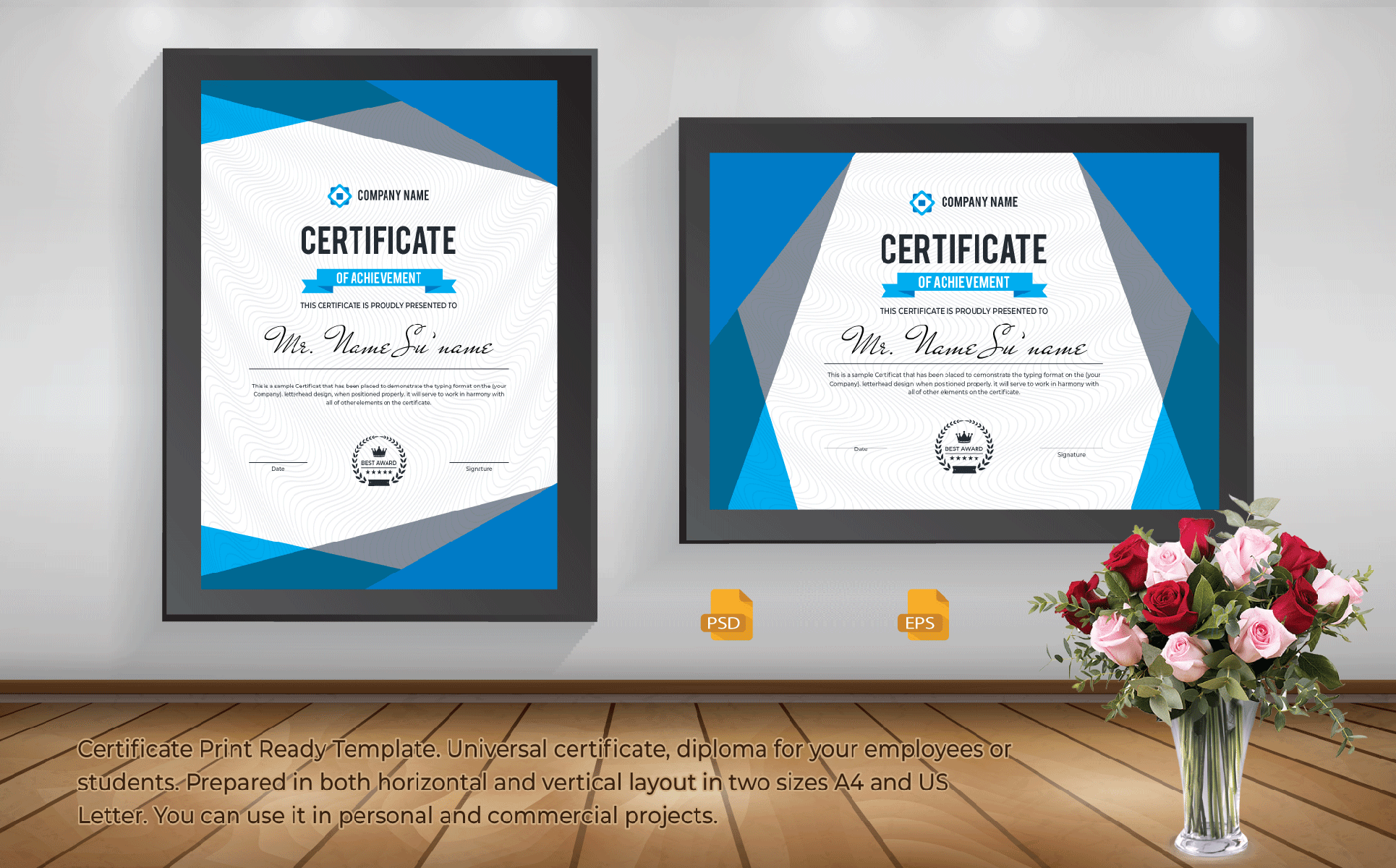 Download Шаблон сертификата "Triangles Design Certificate Template" / Triangles Design Certificate Template - Шаблон сертификата на тему графика blue,certificate,black,business,design,green,creative,graphic,landscape,letterhead,modern,official,print,professional,simple,standard,web,white