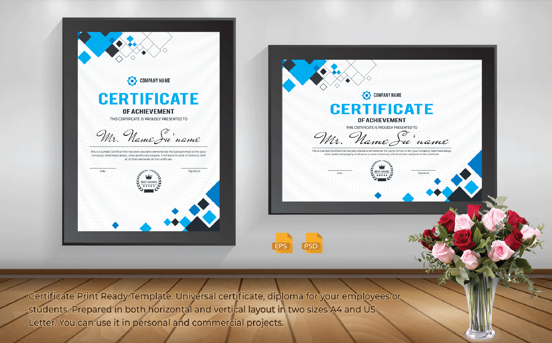 Download Шаблон сертификата "Print Ready Certificate Template" / Print Ready Certificate Template - Шаблон сертификата на тему графика blue,certificate,black,business,design,green,creative,graphic,landscape,letterhead,modern,official,print,professional,simple,standard,web,white
