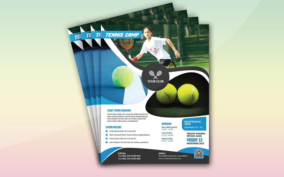 Download Фирменный стиль "Tennis Camp Flyer (Editable) - Corporate Identity Template" / Tennis Camp Flyer (Editable) - Corporate Identity Template - Фирменный стиль a4,community,flyer,leaflet,sport,sport flyer,template,tennis,tennis camp,tennis club,tennis competition,tennis cup,tennis outdoor,tennis training,tennis trophy,tournament