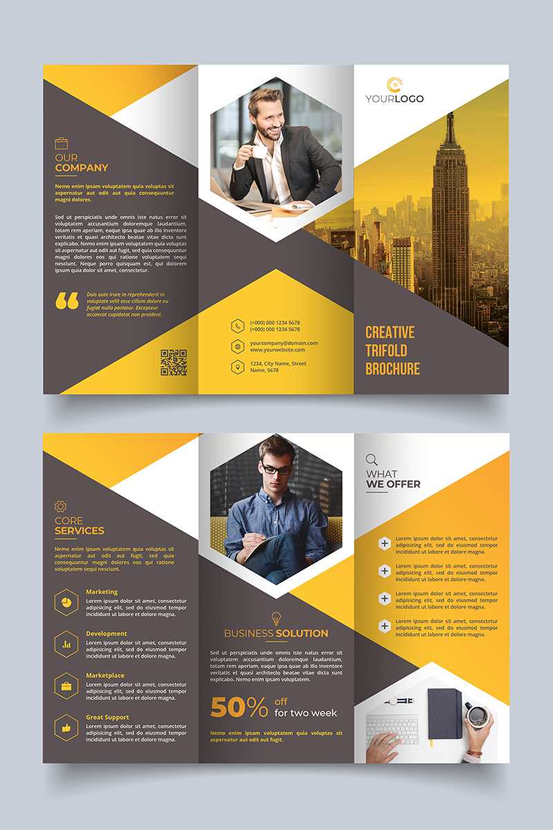 unique trifold brochure hexagon corporate identity free company logo templates
