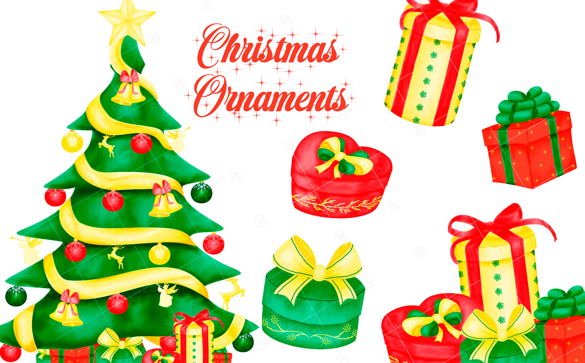 Download Иллюстрация "Christmas Presents and Ornaments Clipart - Illustration" / Christmas Presents and Ornaments Clipart - Illustration - Иллюстрация на тему графика christmas ornaments clipart,christmas tree clipart,winter watercolor clipart,christmas balls,christmas presents,christmas greeting card,christmas star,christmas bells,reindeer,angel,pine tree