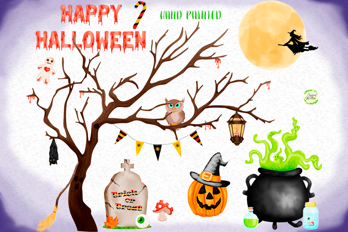 Download Иллюстрация "Halloween Watercolor Clipart - Illustration" / Halloween Watercolor Clipart - Illustration - Иллюстрация на тему графика watercolor halloween clipart,autumn clipart,pumpkin,witch,bat,owl,party flags,mushroom,candy,greeting card,kids halloween prints,halloween greeting card,holiday clipart,halloween decoration,i