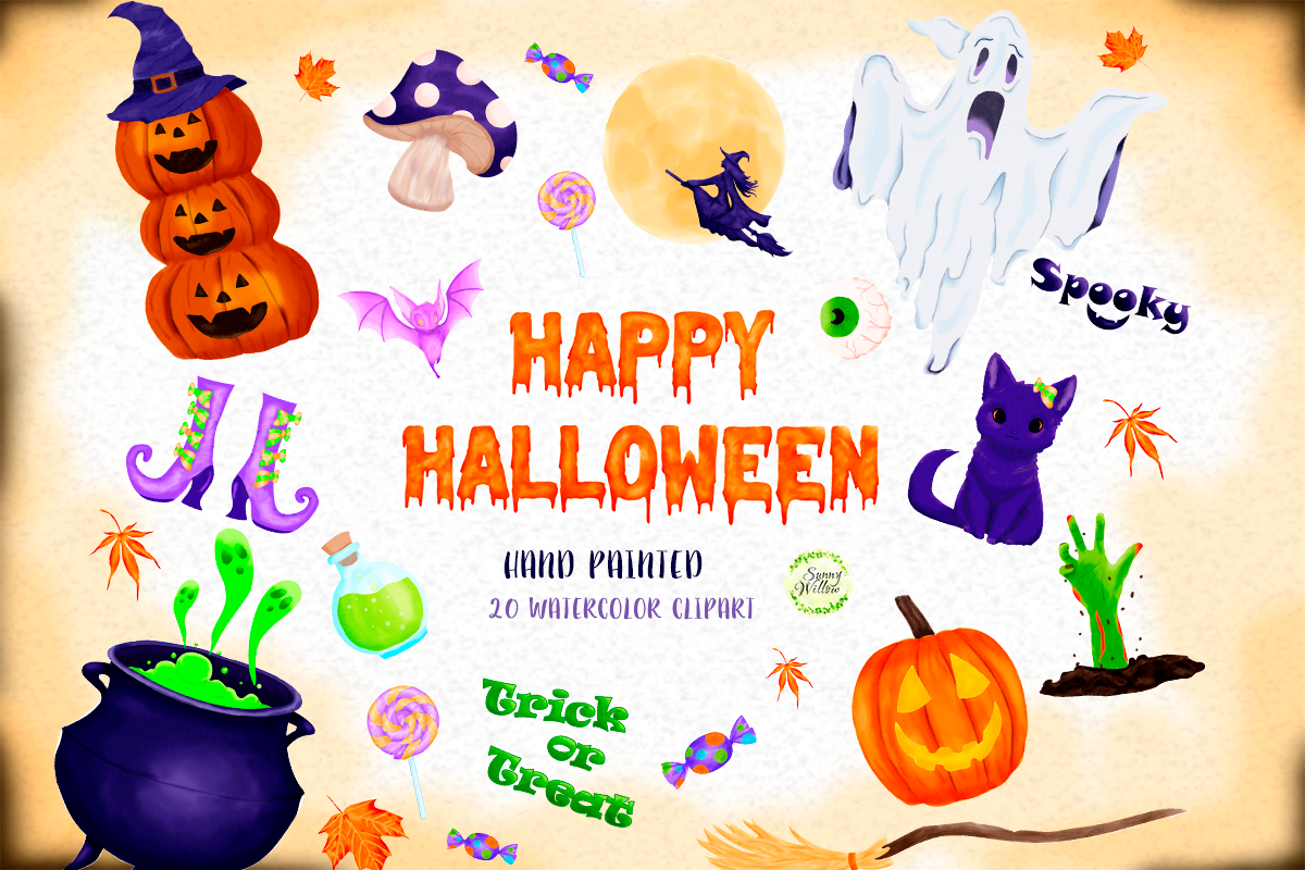 Download Иллюстрация "Halloween Watercolor Clipart - Illustration" / Halloween Watercolor Clipart - Illustration - Иллюстрация на тему графика watercolor halloween clipart,autumn clipart,pumpkin,witch,bat,zombie,ghost,mushroom,cat,candy,greeting card,kids halloween prints,halloween greeting card,invitation