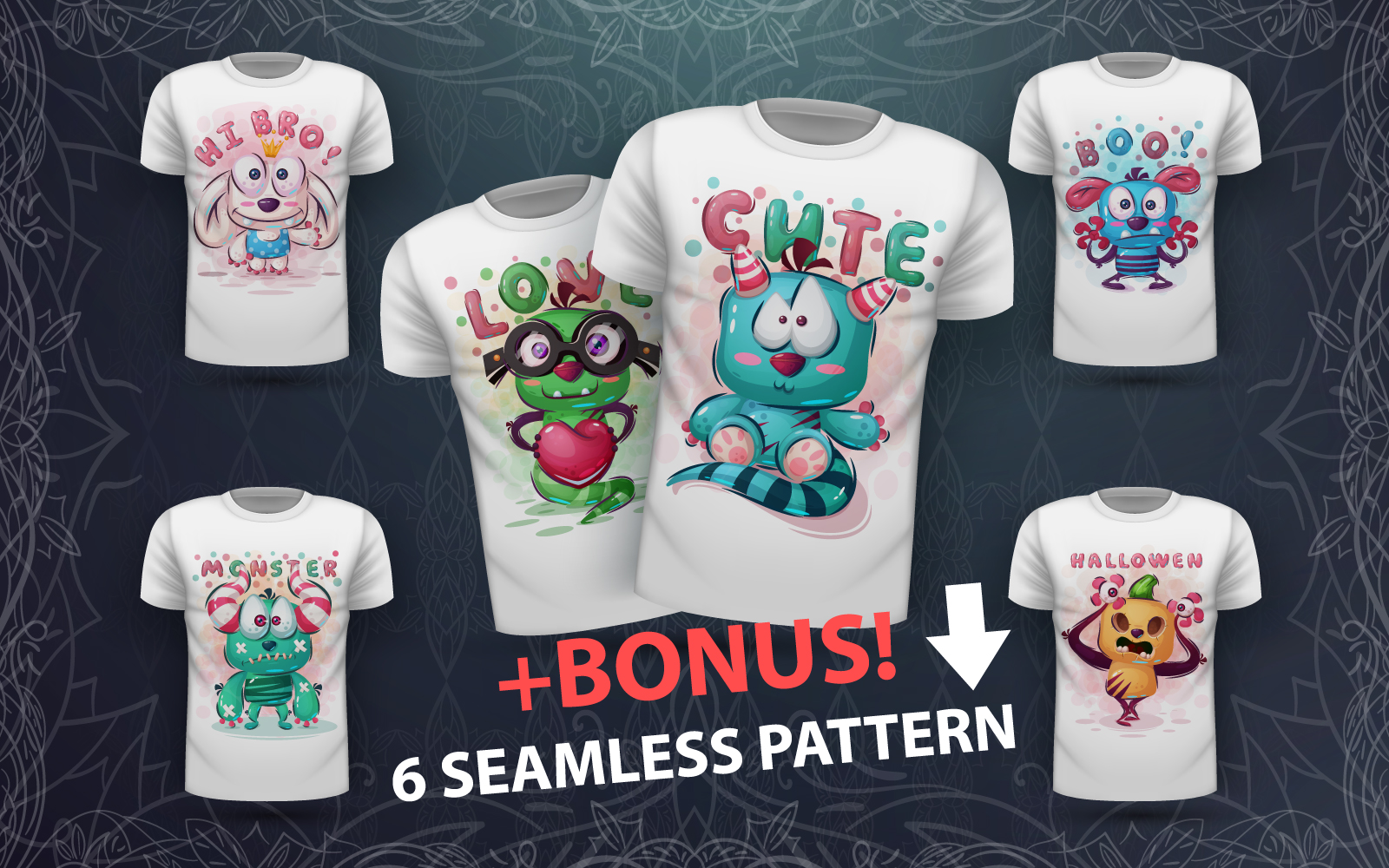 Download Vector "Set Cute Monster - Vector Image" / Set Cute Monster - Vector Image - Vector на тему графика monster,halloween,horror,fear,seamless,pattern,cartoon,character,characters,animal,animals,pet,cute,funny,pretty,beauty,happy,baby,kid,childish