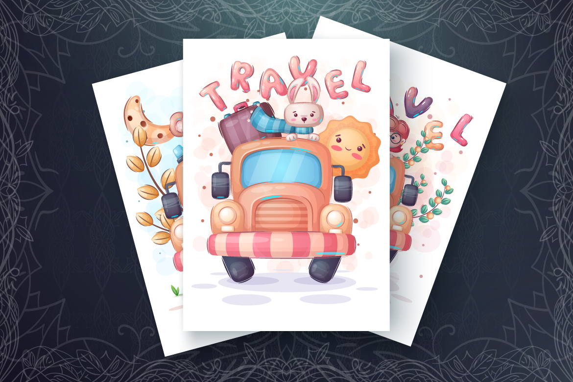 Download Иллюстрация "Set Cute Animal in the Car - Illustration" / Set Cute Animal in the Car - Illustration - Иллюстрация на тему графика cartoon,character,animal,seamless,pattern,childish,ox,bull,wolf,dog,rabbit,girl,unicorn,monkey,voyage,travel