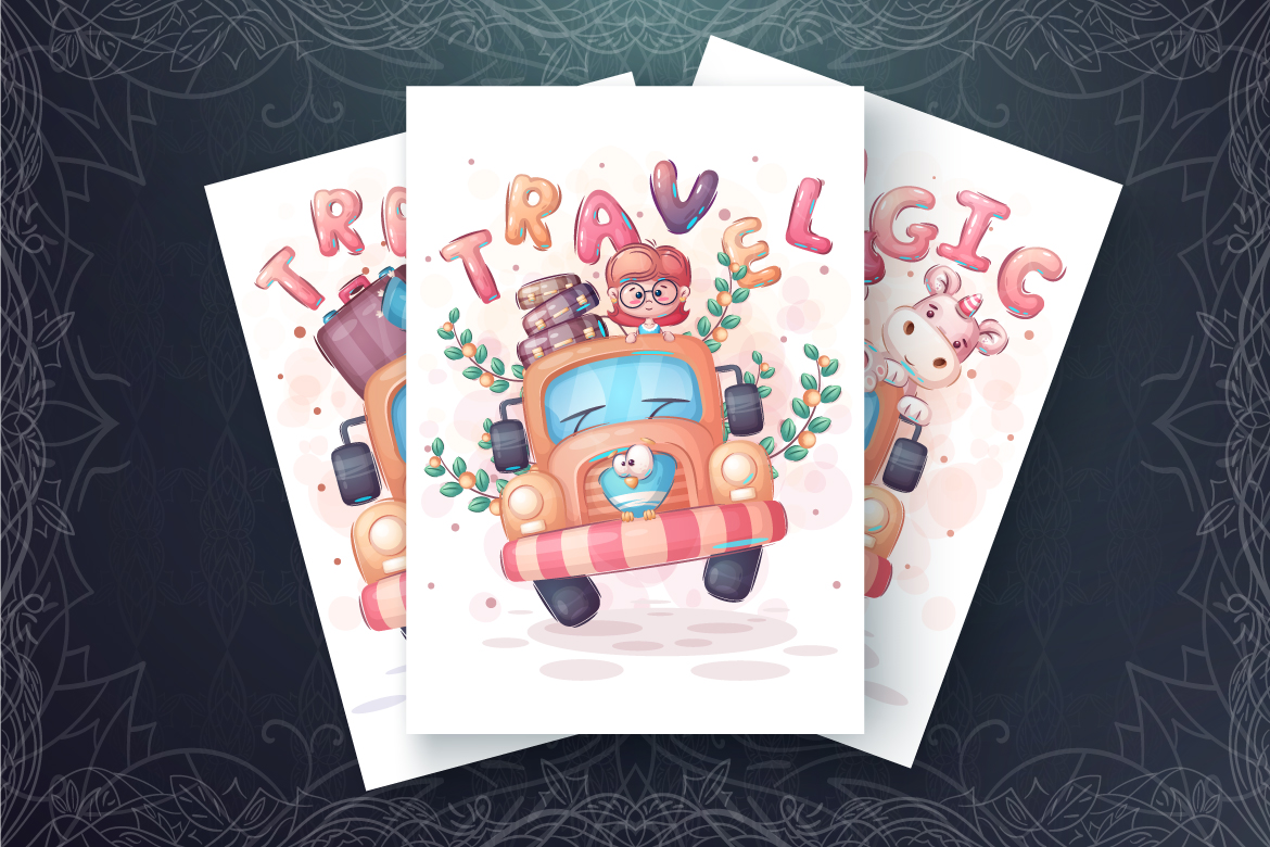 Download Иллюстрация "Set Cute Animal in the Car - Illustration" / Set Cute Animal in the Car - Illustration - Иллюстрация на тему графика cartoon,character,animal,seamless,pattern,childish,ox,bull,wolf,dog,rabbit,girl,unicorn,monkey,voyage,travel