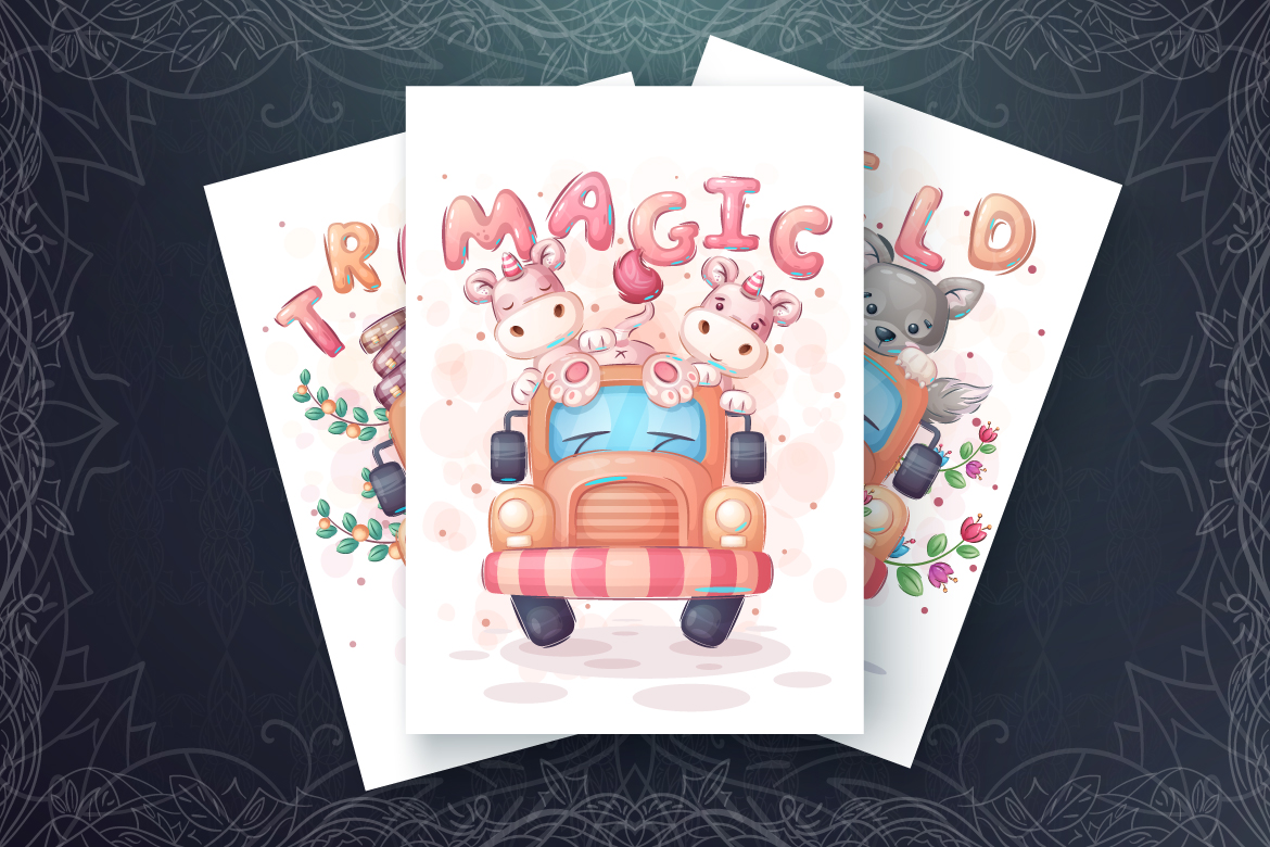 Download Иллюстрация "Set Cute Animal in the Car - Illustration" / Set Cute Animal in the Car - Illustration - Иллюстрация на тему графика cartoon,character,animal,seamless,pattern,childish,ox,bull,wolf,dog,rabbit,girl,unicorn,monkey,voyage,travel