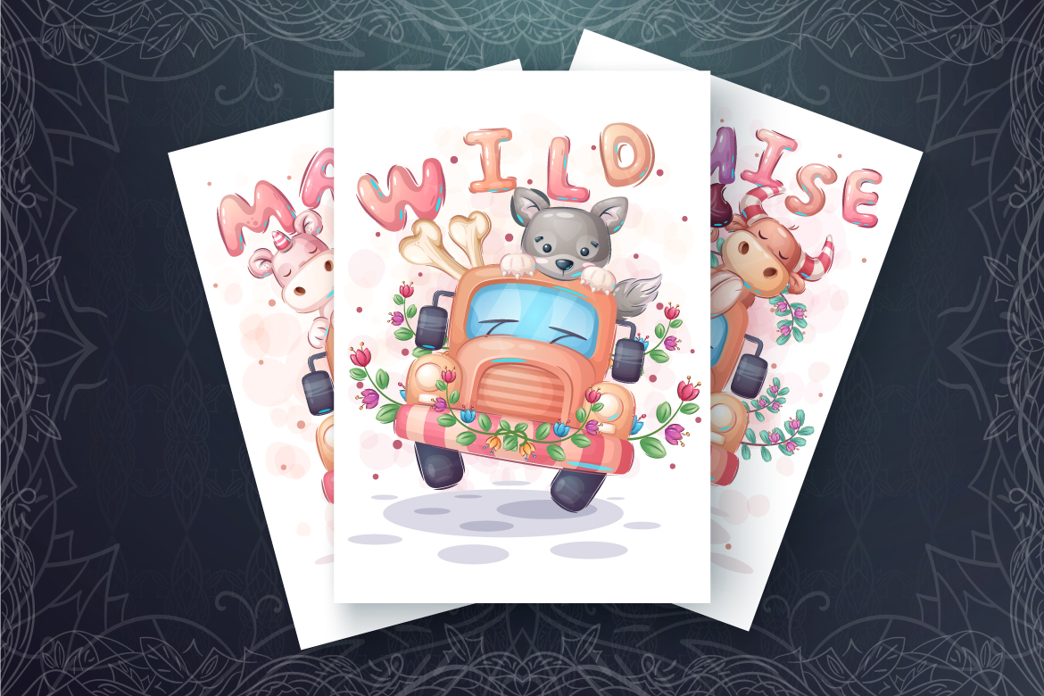 Download Иллюстрация "Set Cute Animal in the Car - Illustration" / Set Cute Animal in the Car - Illustration - Иллюстрация на тему графика cartoon,character,animal,seamless,pattern,childish,ox,bull,wolf,dog,rabbit,girl,unicorn,monkey,voyage,travel