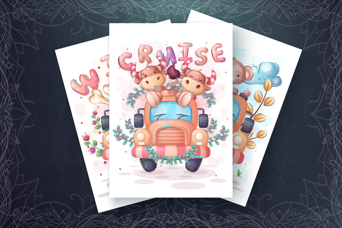 Download Иллюстрация "Set Cute Animal in the Car - Illustration" / Set Cute Animal in the Car - Illustration - Иллюстрация на тему графика cartoon,character,animal,seamless,pattern,childish,ox,bull,wolf,dog,rabbit,girl,unicorn,monkey,voyage,travel