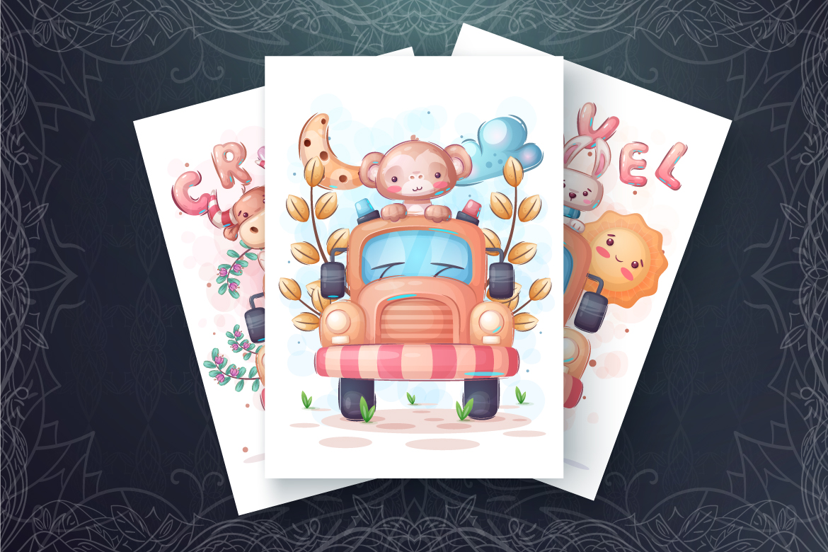 Download Иллюстрация "Set Cute Animal in the Car - Illustration" / Set Cute Animal in the Car - Illustration - Иллюстрация на тему графика cartoon,character,animal,seamless,pattern,childish,ox,bull,wolf,dog,rabbit,girl,unicorn,monkey,voyage,travel