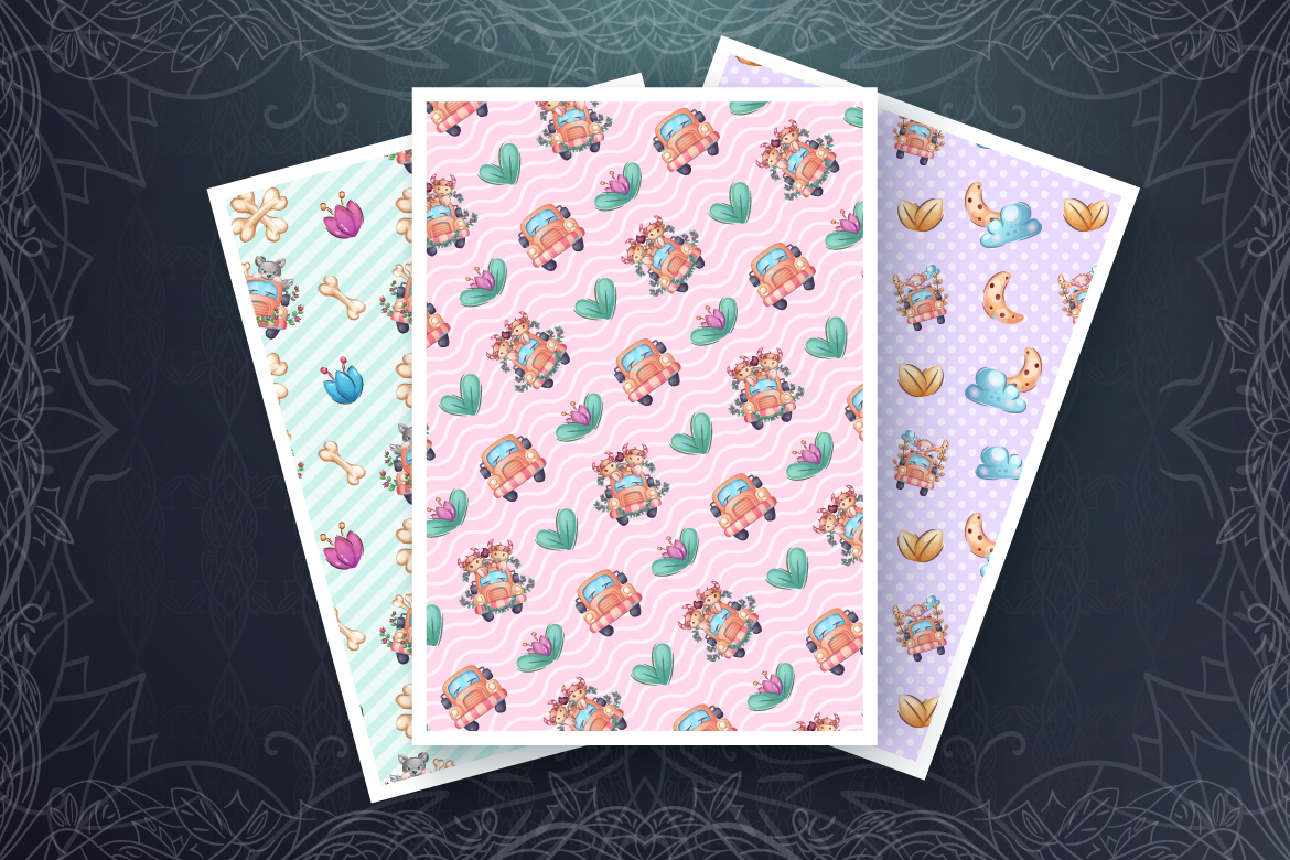 Download Иллюстрация "Set Cute Animal in the Car - Illustration" / Set Cute Animal in the Car - Illustration - Иллюстрация на тему графика cartoon,character,animal,seamless,pattern,childish,ox,bull,wolf,dog,rabbit,girl,unicorn,monkey,voyage,travel