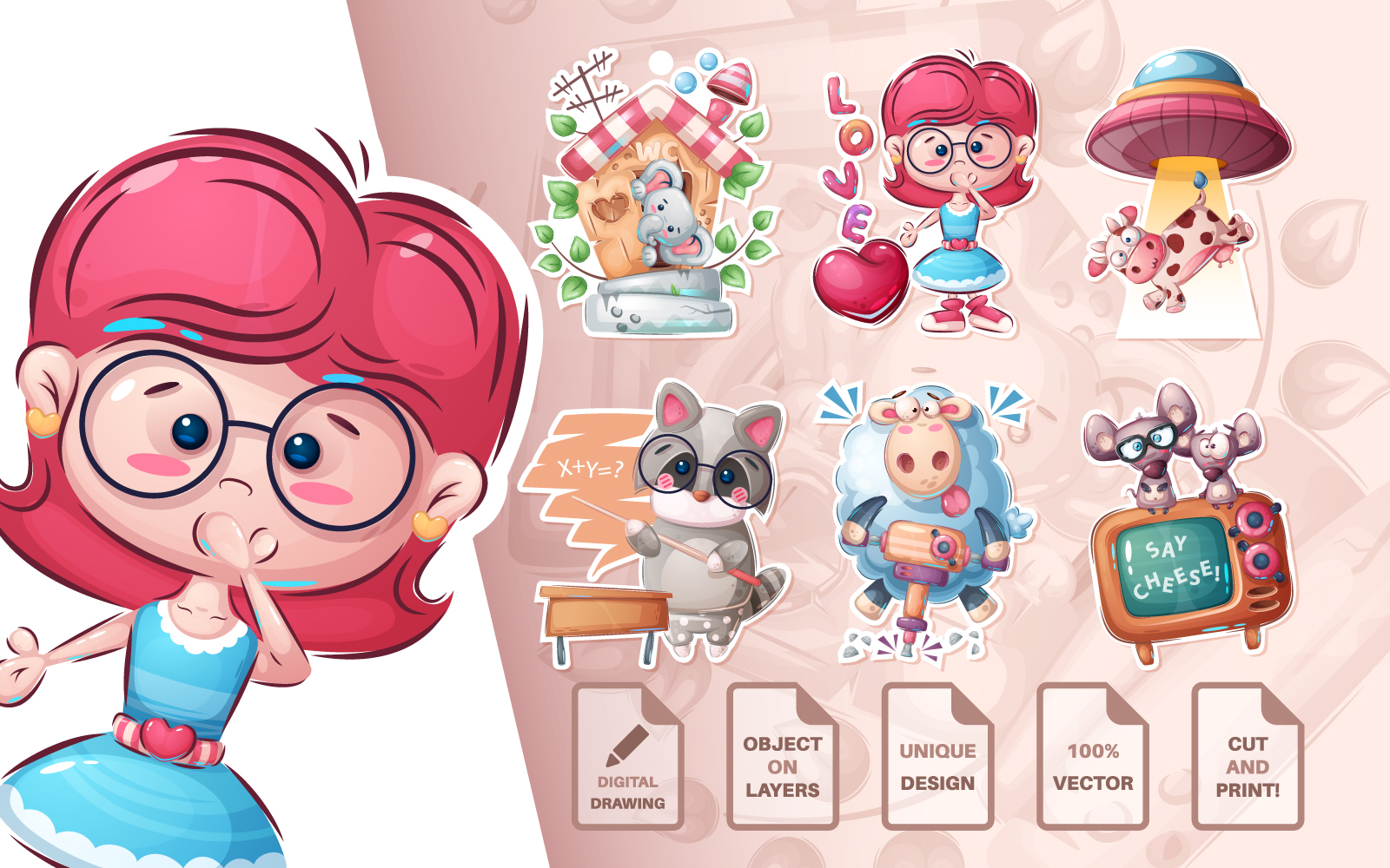 Download Иллюстрация "Set Cute Stickers - Illustration" / Set Cute Stickers - Illustration - Иллюстрация на тему графика sticker,elephant,toilet,girl,cow,ufo,mouse,raccoon,lamb,sheep,teacher,back to school,cartoon,characters,illustration,picture,smile,emotion,draw,character