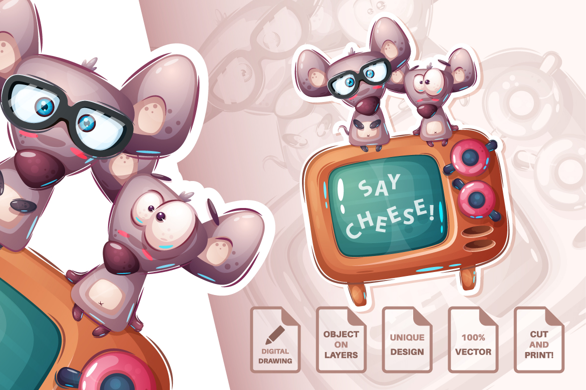 Download Иллюстрация "Set Cute Stickers - Illustration" / Set Cute Stickers - Illustration - Иллюстрация на тему графика sticker,elephant,toilet,girl,cow,ufo,mouse,raccoon,lamb,sheep,teacher,back to school,cartoon,characters,illustration,picture,smile,emotion,draw,character