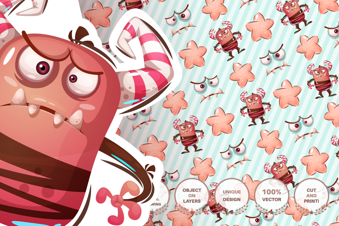 Download Иллюстрация "Set Cute Monster - Illustration" / Set Cute Monster - Illustration - Иллюстрация на тему графика halloween,horror,fear,evil,devil,pumpkin,monster,seamless,pattern,cartoon,character,characters,animal,animals,pet,cute,funny,pretty,beauty,happy