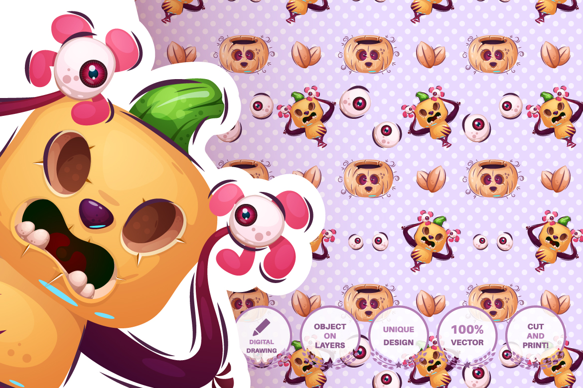Download Иллюстрация "Set Cute Monster - Illustration" / Set Cute Monster - Illustration - Иллюстрация на тему графика halloween,horror,fear,evil,devil,pumpkin,monster,seamless,pattern,cartoon,character,characters,animal,animals,pet,cute,funny,pretty,beauty,happy
