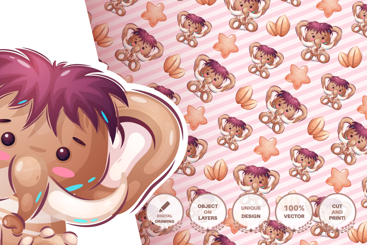 Download Иллюстрация "Set Cute Sticker - Seamless Pattern - Illustration" / Set Cute Sticker - Seamless Pattern - Illustration - Иллюстрация на тему графика mammoth,bear,leaf,flower,rhino,diplomat,snake,cactus,seamless,pattern,cartoon,character,characters,wild,animal,animals,pet,toy,cute,pretty