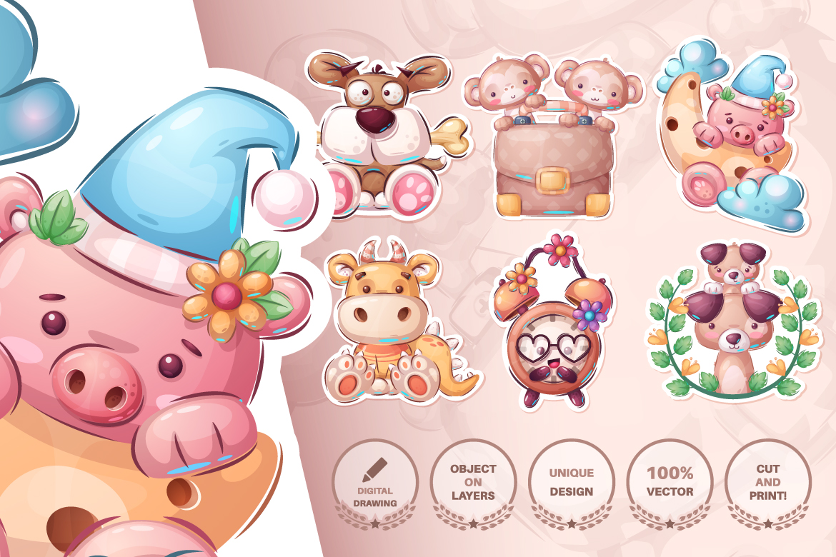 Download Иллюстрация "Set Сute Sticker - Seamless Pattern - Illustration" / Set Сute Sticker - Seamless Pattern - Illustration - Иллюстрация на тему графика dog,bone,puppy,monkey,diplomat,pig,moon,dino,dinosaur,clock,lion,seamless,pattern,cartoon,characters,illustration,picture,smile,emotion,draw