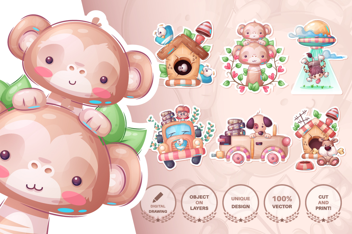 Download Иллюстрация "Set cute sticker - seamless pattern - Illustration" / Set cute sticker - seamless pattern - Illustration - Иллюстрация на тему графика birdhouse,bird,owl,monkey,flower,leaf,cow,bull,ox,ufo,car,travel,girl,dog,puppy,seamless,pattern,cartoon,character,illustration