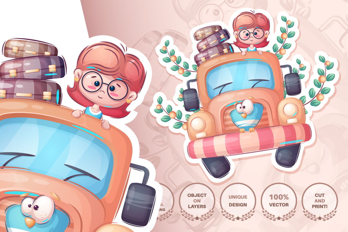 Download Иллюстрация "Set cute sticker - seamless pattern - Illustration" / Set cute sticker - seamless pattern - Illustration - Иллюстрация на тему графика birdhouse,bird,owl,monkey,flower,leaf,cow,bull,ox,ufo,car,travel,girl,dog,puppy,seamless,pattern,cartoon,character,illustration