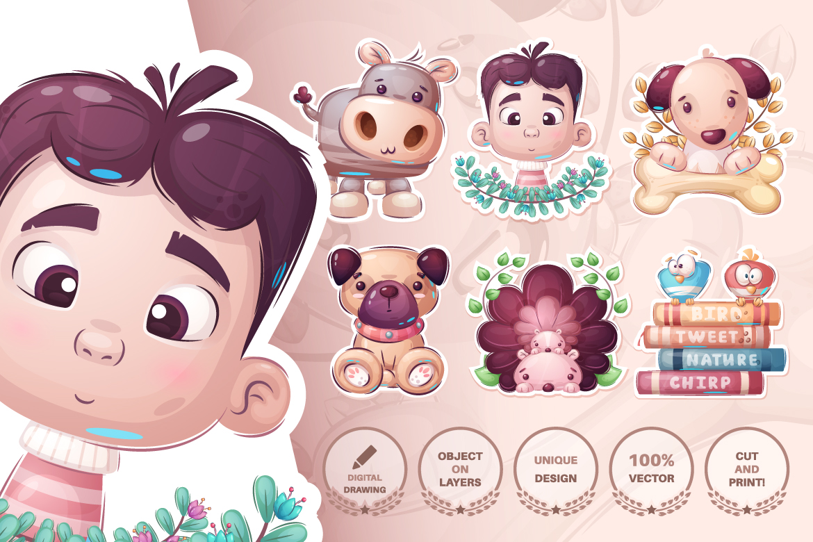 Download Иллюстрация "Set Cute Sticker - Seamless Pattern - Illustration" / Set Cute Sticker - Seamless Pattern - Illustration - Иллюстрация на тему графика hippo,boy,dog,puppy,hedgehog,bird,book,seamless,pattern,cartoon,character,illustration,picture,smile,emotion,draw,pet,wild,animals,animal