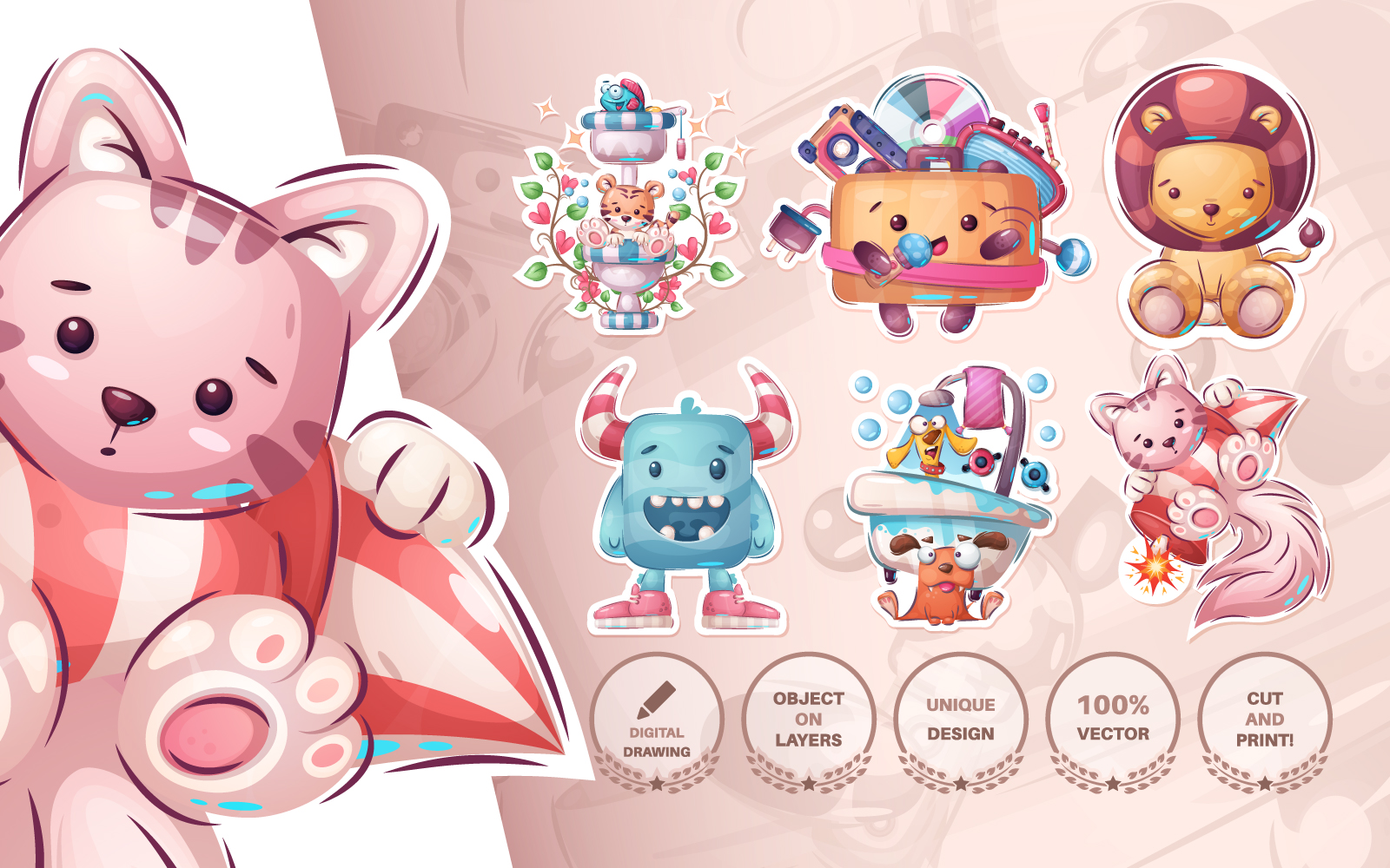 Download Иллюстрация "Set Cute Sticker - Seamless Pattern - Illustration" / Set Cute Sticker - Seamless Pattern - Illustration - Иллюстрация на тему графика cat,kitty,tiger,wc,toilet,radio,cassette,lion,monster,dog,puppy,rocket,seamless,pattern,cartoon,character,illustration,picture,smile,emotion