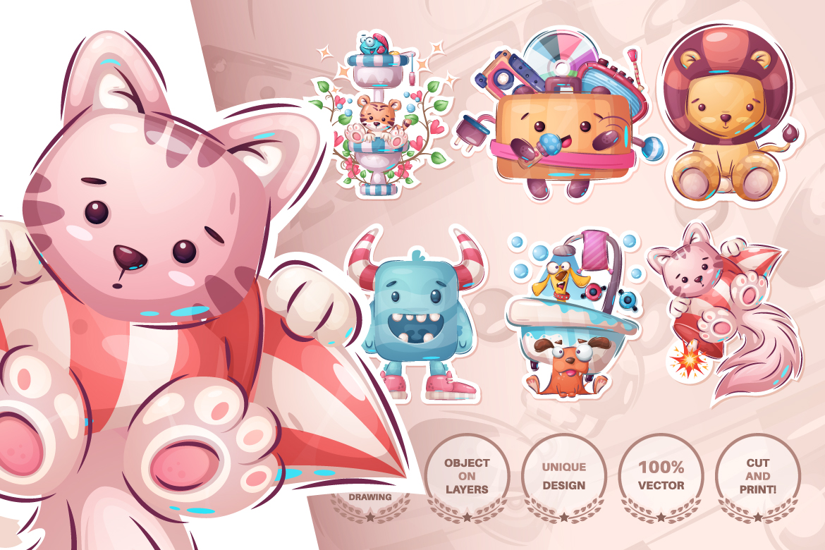 Download Иллюстрация "Set Cute Sticker - Seamless Pattern - Illustration" / Set Cute Sticker - Seamless Pattern - Illustration - Иллюстрация на тему графика cat,kitty,tiger,wc,toilet,radio,cassette,lion,monster,dog,puppy,rocket,seamless,pattern,cartoon,character,illustration,picture,smile,emotion