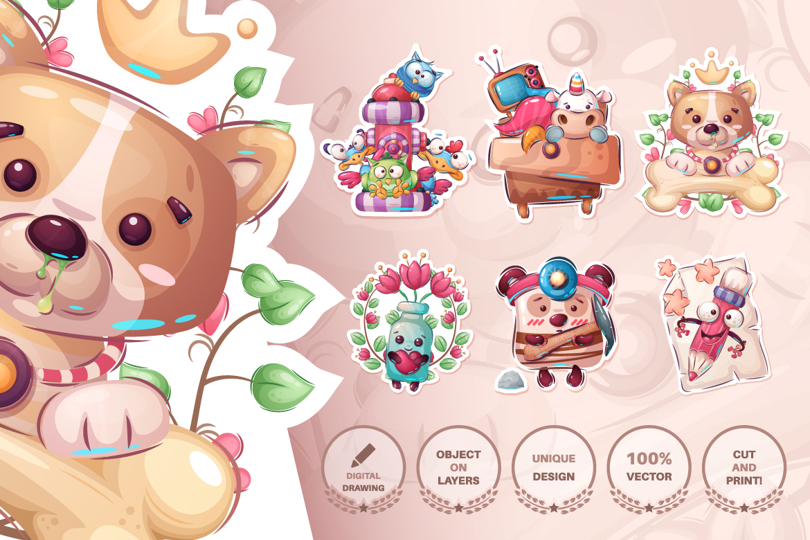 Download Иллюстрация "Set cute sticker - seamless pattern - Illustration" / Set cute sticker - seamless pattern - Illustration - Иллюстрация на тему графика fire hydrant,chicken,unicorn,wardrobe,chest of drawers,bone,bottle,tulip,mineral water,bear,pencil,letter,dog,puppy,bird,seamless,pattern,cartoon,character,illustration