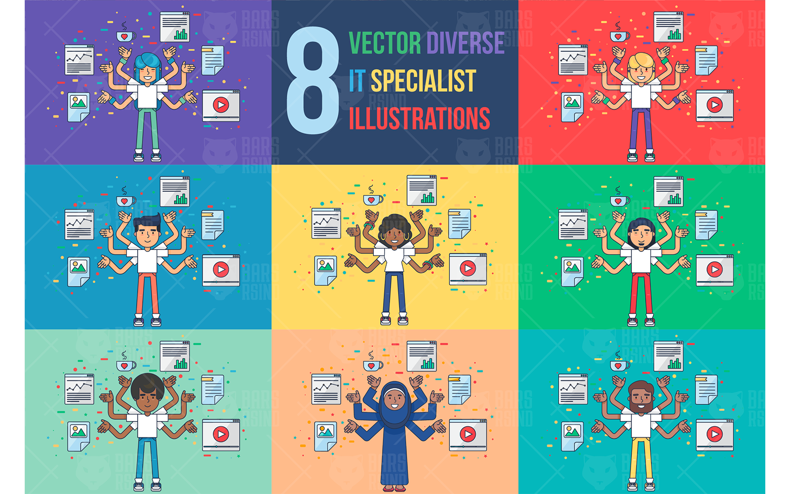 Download Иллюстрация "Diverse IT Specialist Set - Illustration" / Diverse IT Specialist Set - Illustration - Иллюстрация на тему графика technology,information,vector,computer,multitask,expert,specialist,african,american,asian,programmer,business,technician,software,server,internet,woman,man,diversity,diverse